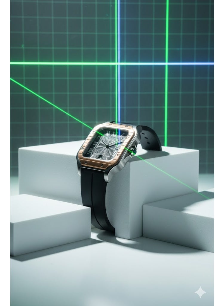 كارتييه ساعة يد رجالي فاخرة بتصميم مربع – إطار بلون ذهبي وردي مع سوار سيليكون أسود - Image 2